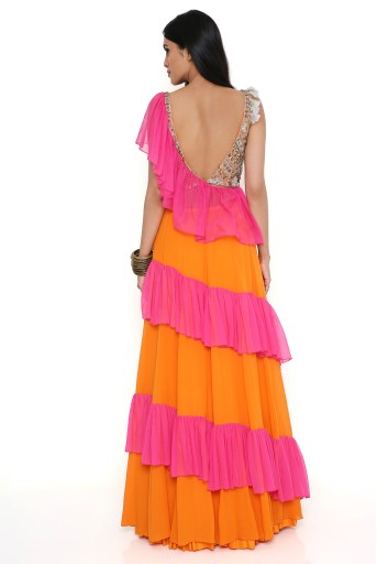PS-LH0073-A  Orange Georgette Embroidered Choli With Georgette Lehenga And Hot Pink Soft Net Frills
