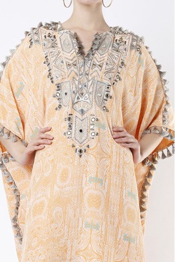 PS-KP0088-C  Orange PS Print Crepe Embroidered Short Kaftan With Tassels Details And Palazzo