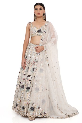 PS-LH0120  Padma Off White Georgette Embroidered Choli And Lehenga With Mukaish Organza Dupatta And Rose Pink Embroidered Tulle Veil