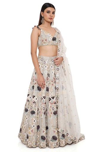 PS-LH0120  Padma Off White Georgette Embroidered Choli And Lehenga With Mukaish Organza Dupatta And Rose Pink Embroidered Tulle Veil