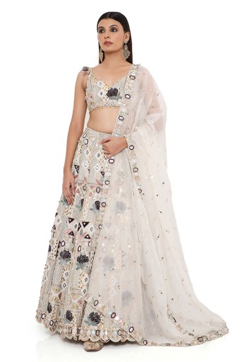 PS-LH0120-A  Padma Off White Georgette Embroidered Choli And Lehenga With Mukaish Organza Dupatta