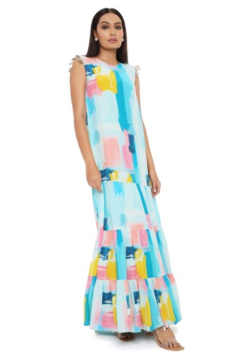 PS-DR0023-F  Painterly Print Crepe Layered Dress