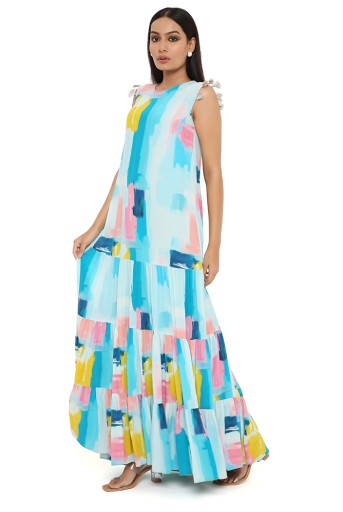 PS-DR0023-F  Painterly Print Crepe Layered Dress