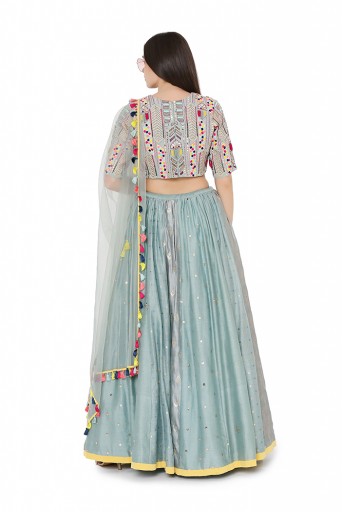 PS-LH0020-C  Pale Blue Colour Georgette Choli with Multi Brocade and Mukaish Silkmul Panelled Lehnega with Net Dupatta