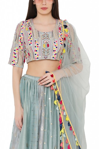 PS-LH0020-C  Pale Blue Colour Georgette Choli with Multi Brocade and Mukaish Silkmul Panelled Lehnega with Net Dupatta