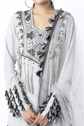 PS-FW745-A  Pale Blue Colour Georgette Embroidered Kurta With Mukaish Georgette Sharara And Dot Mukaish Dupatta
