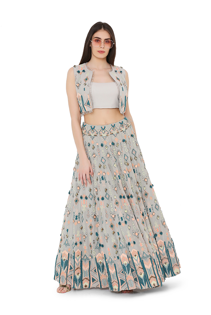pale blue colour georgette short jacket with lehenga and bustier a0