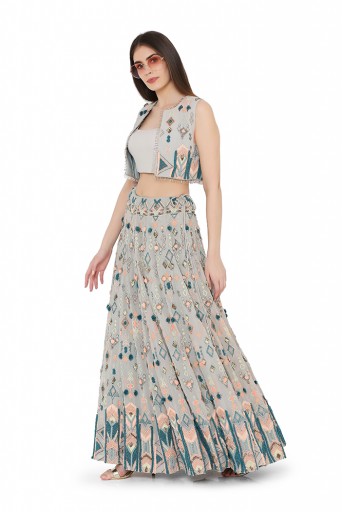 PS-FW678-B  Pale Blue Colour Georgette Short Jacket with Lehenga and Bustier