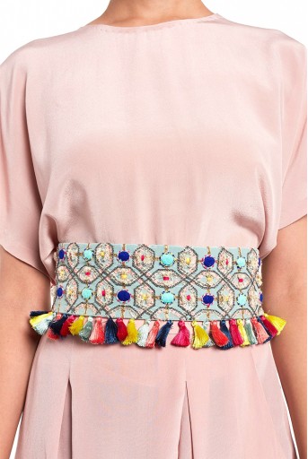 PS-BL004  Pale Blue Crepe Gota Oggee Embroidered Tie- Up Belt with Colourful Tassels