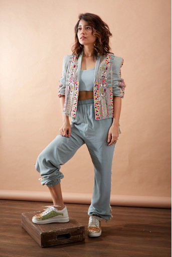 PS-FW721-B Pale Blue embroidered Jacket with Bustier and Jogger Pant Set