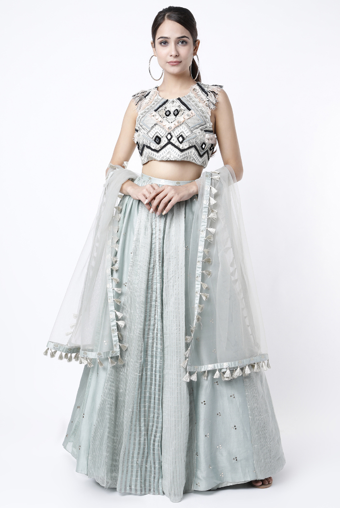 Blue softy silk lehenga set, intricate gleaming silver zari jacquard design  skirt & blouse, plain net dupatta