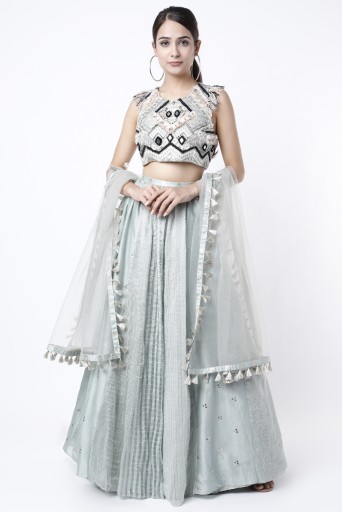 PS-FW690-C  Pale Blue Embroidered Silver Stripe Sleeveless Choli Worn With Lehenga And Net Dupatta