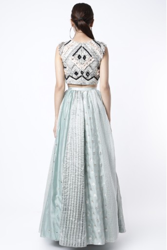 PS-FW690-C  Pale Blue Embroidered Silver Stripe Sleeveless Choli Worn With Lehenga And Net Dupatta