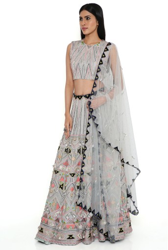 PS-FW748-A  Pale Blue Georgette Embroidered Back Tie-Up Choli With Lehenga And Net Embroidered Dupatta