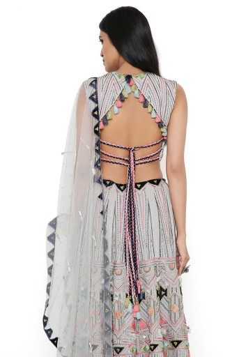 PS-FW748-A  Pale Blue Georgette Embroidered Back Tie-Up Choli With Lehenga And Net Embroidered Dupatta