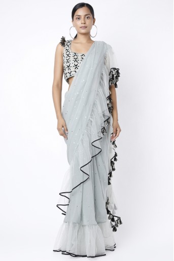 PS-FW768-A  Pale Blue Georgette Embroidered Choli With Dot Mukaish Georgette And Net Frill Saree With Chantone Petticoat