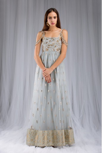 PS-FW124A Pale Blue Silk Embroidered Gown