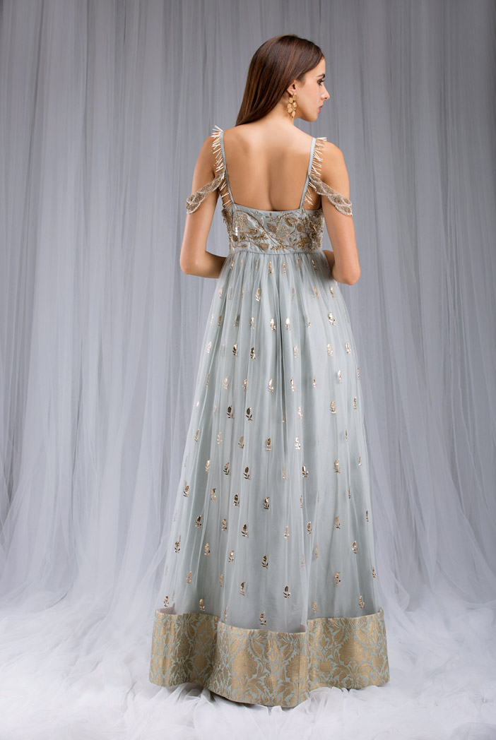 Buy Grey Beige Sequins Embroidered Net Reception Gown Online | Samyakk