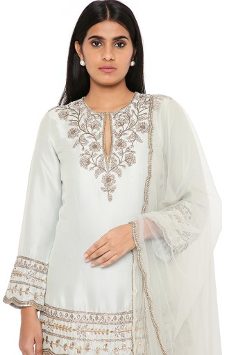 PS-KP0101  Pale Blue Silk Embroidered Kurta With Palazzo And Net Dupatta