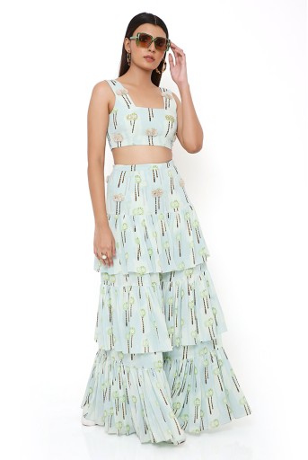 PS-TS0020  Pale Blue Small Palm Print Georgette Embroidered Top And Embroidered Bask Frill Skirt