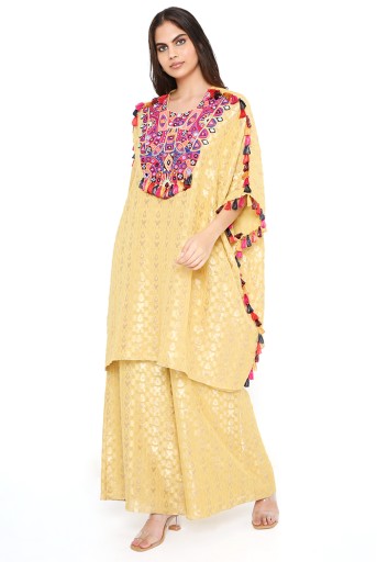 PS-FW755-D  Pale Yellow Brocade Georgette Yoke Embroidered Short Kaftan With Tassel Details And Palazzo