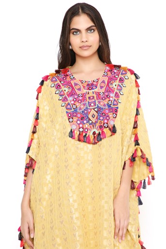PS-FW755-D  Pale Yellow Brocade Georgette Yoke Embroidered Short Kaftan With Tassel Details And Palazzo