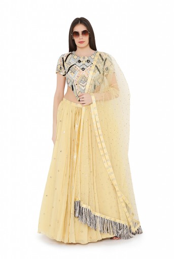 PS-FW692-C  Pale Yellow Colour Crepe Choli with Multi Brocade and Mukaish Silkmul Panelled Lehnega with Mukaish Net Dupatta