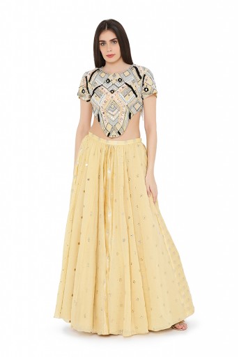 PS-FW692-C  Pale Yellow Colour Crepe Choli with Multi Brocade and Mukaish Silkmul Panelled Lehnega with Mukaish Net Dupatta