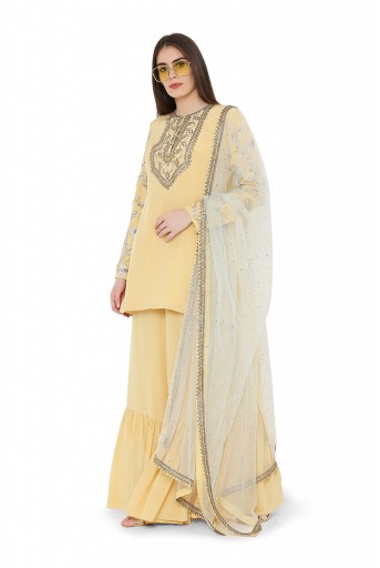 PS-KP0064-A  Pale Yellow Colour Crepe High-Low Kurta with Frill Palazzo and Ice Blue Colour Net Dupatta