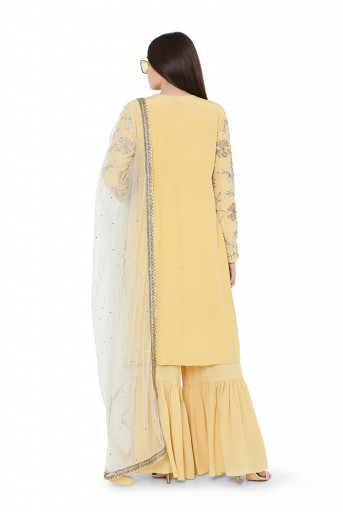 PS-KP0064-A  Pale Yellow Colour Crepe High-Low Kurta with Frill Palazzo and Ice Blue Colour Net Dupatta