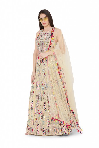 PS-LH0019  Pale Yellow Colour Georgette Back Tie-Up Choli and Lehenga with Net Dupatta