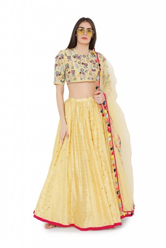 PS-LH0021-C  Pale Yellow Colour Georgette Back Tie-Up Choli with Multi Brocade and Mukaish Silkmul Panelled Lehnega with Net Dupatta