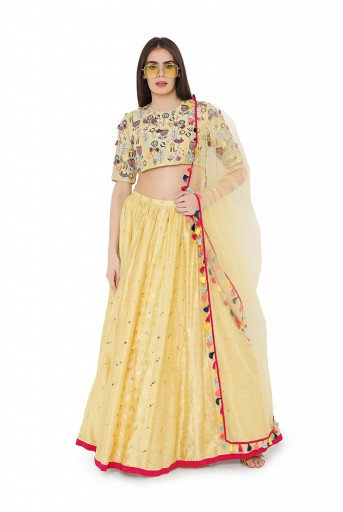 PS-LH0021-C  Pale Yellow Colour Georgette Back Tie-Up Choli with Multi Brocade and Mukaish Silkmul Panelled Lehnega with Net Dupatta