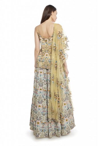 PS-FW542-A  Pale Yellow Colour Georgette Short Anarkali Top with Net Dupatta and Periwinkle Blue Colour Georgette Lehenga