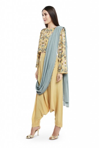 PS-ST1463  Pale Yellow Colour Georgette Top with Crepe Low Crotch Pant and Periwinkle Blue Colour Mukaish Georgette Attached Drape Dupatta