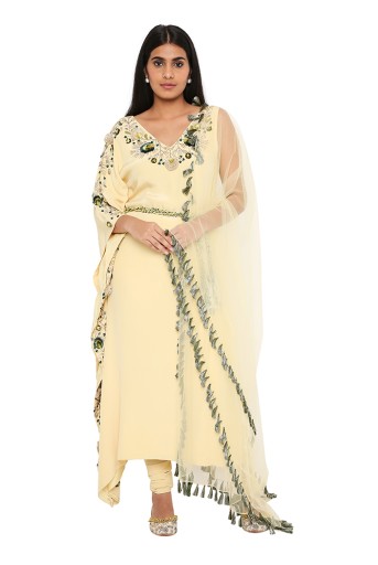 PS-FW598-A  Pale Yellow Crepe Embroidered Kaftan With Soft Net Churidar And Net Dupatta