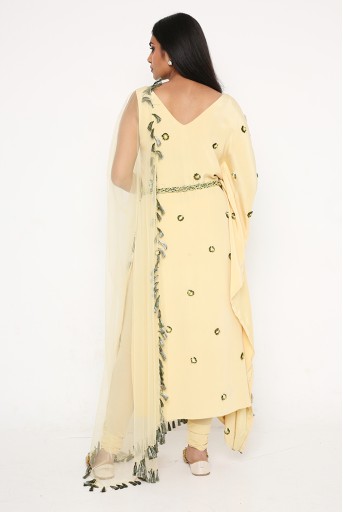 PS-FW598-A  Pale Yellow Crepe Embroidered Kaftan With Soft Net Churidar And Net Dupatta