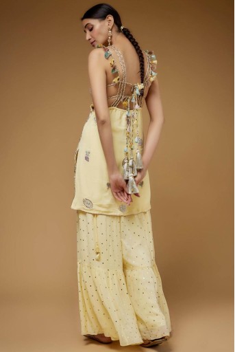 PS-KP0266  Pale Yellow Embroidered Back Tie-Up Kurta With One Frill Sharara And Dupatta