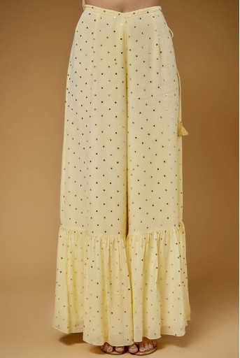 PS-KP0266  Pale Yellow Embroidered Back Tie-Up Kurta With One Frill Sharara And Dupatta