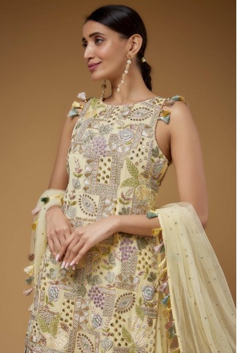 PS-KP0266  Pale Yellow Embroidered Back Tie-Up Kurta With One Frill Sharara And Dupatta