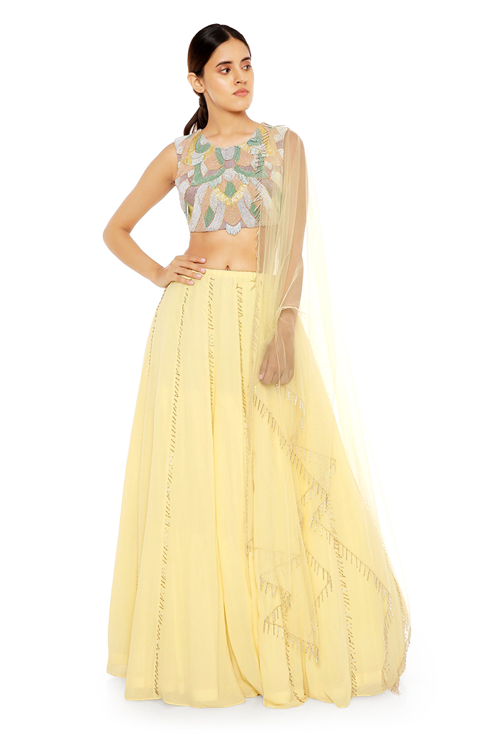 Mustard Georgette Floral Embroidery Butti Lehenga and Crop Top Set with  Jacket