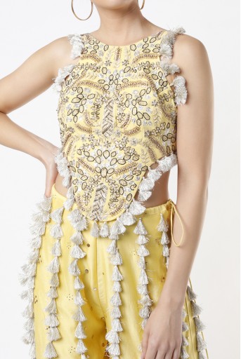 PS-CS0007-G  Pale Yellow Georgette Embroidered Choli With Mukaish Silkmul Sharara With Tassel Detailing