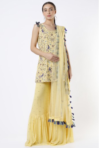 PS-KP0092-D  Pale Yellow Georgette Embroidered Kurta With Dot Mukaish Georgette One Frill Sharara And Dot Net Mukaish Dupatta
