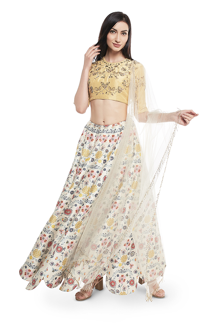 Embroidered Net Lehenga in Yellow : LYC1682