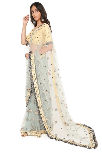 PS-FW608-A  Pale Yellow Silk Embroidered Choli With Periwinkle Blue Net Embroidered Saree And Silk Petticoat