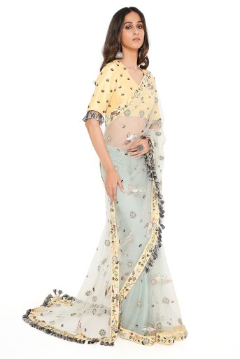 PS-FW608-A  Pale Yellow Silk Embroidered Choli With Periwinkle Blue Net Embroidered Saree And Silk Petticoat