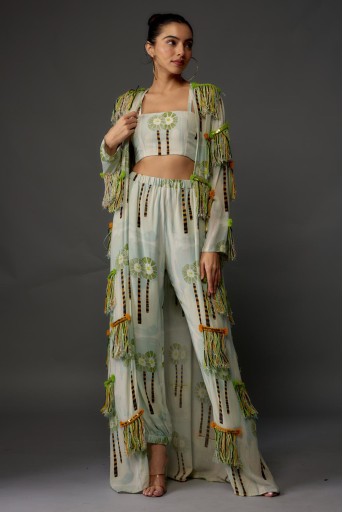 PS-JK0080-A  Palm Print Georgette Embroidered Jacket & Bustier With Jogger Pant