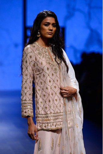 PS-FW402 Parveen Blush Silk Kurta with Palazzo and dove Grey Tulle Dupatta