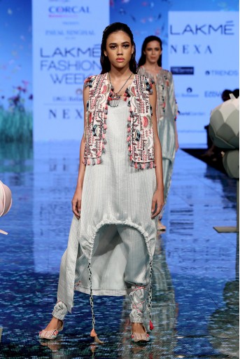 PS-FW707 Parviz Chalk White Georgette Jacket with Pale Blue Chanderi Stripe Kurta and Jogger Pant