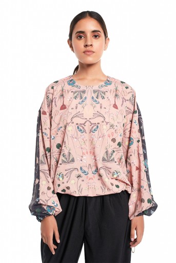 PS-TP0036-F  Peach and Black Colour Printed Art Crepe Top with Drawstring Details